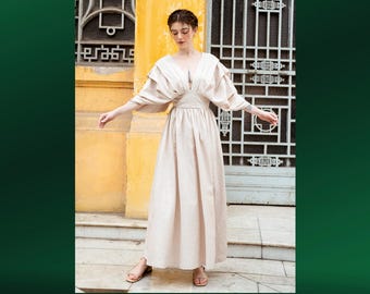 Linen Wedding Guest Dress | V-Neck Long Dress | christmas gift for her