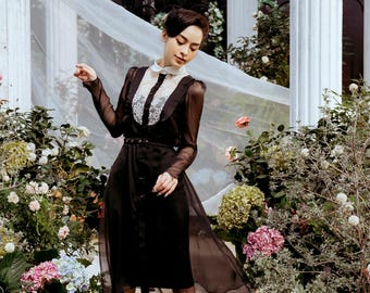 Chiffon Sheer Long Sleeve Midi | Embroidered Lace & Contrast Collar