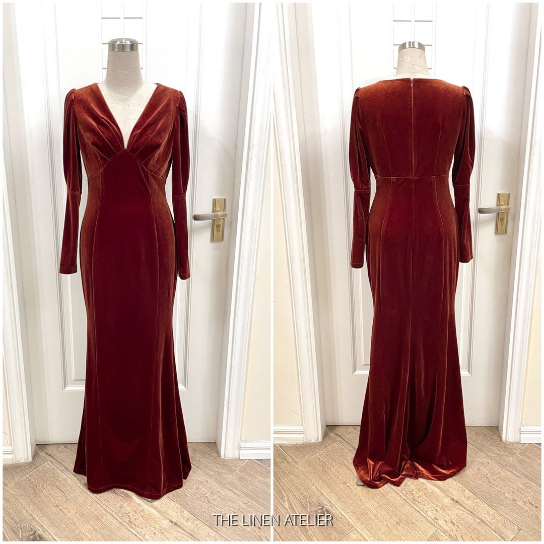 JULIA Rust Velvet Bridesmaid Dress Long Sleeve Velvet Gown Velvet ...