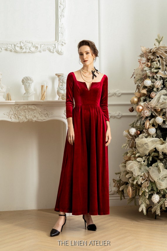 Red Velvet Ball Gown | Long Sleeve Formal Dress Red Velvet Ball Gown | Long Sleeve Formal Dress