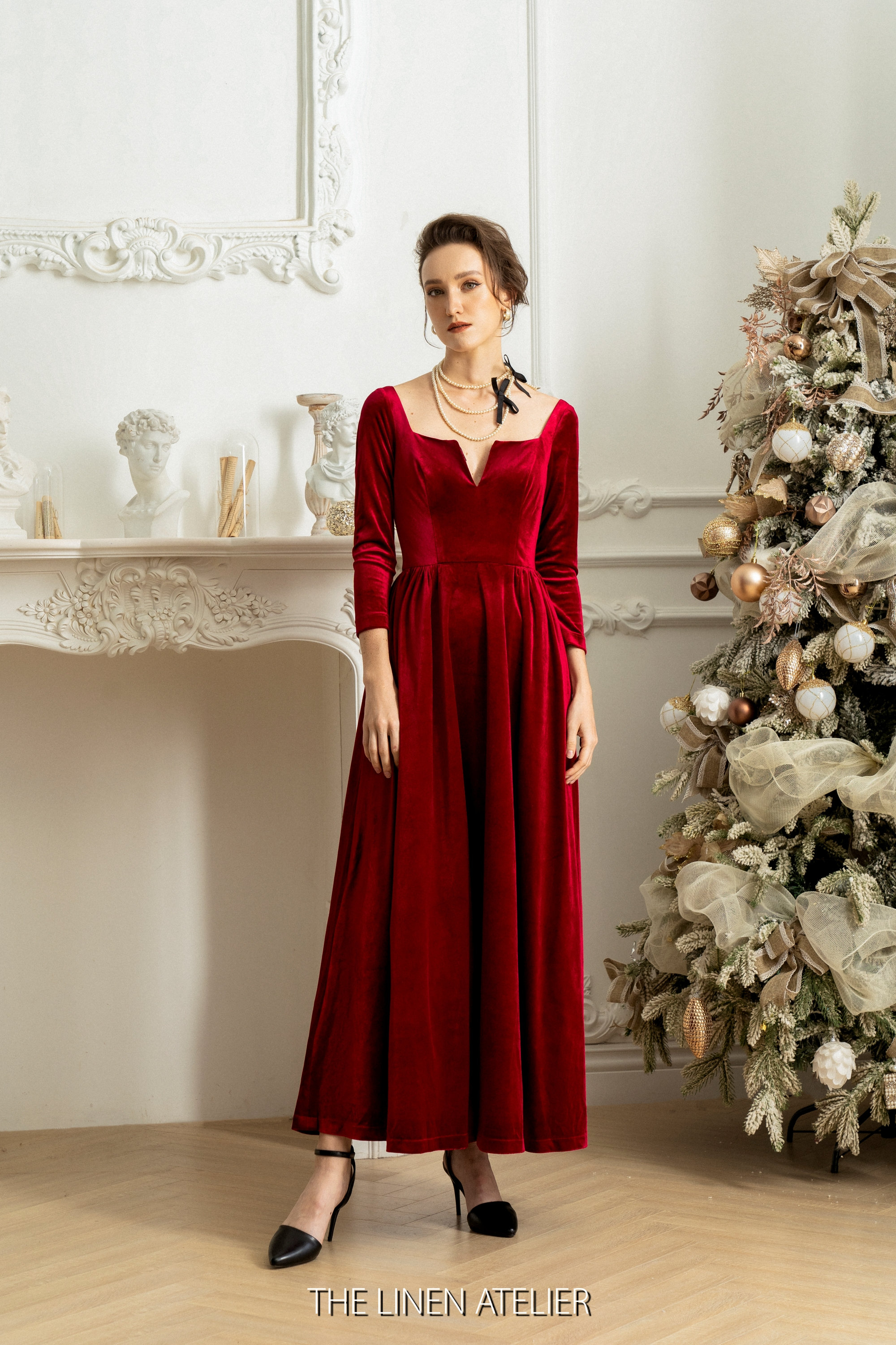 Red Velvet Ball Gown | Long Sleeve Formal Dress