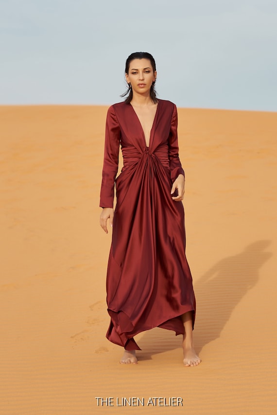 knee length dresses for ladies Satin Dolman Sleeve Front Twist Detail Midi Dress