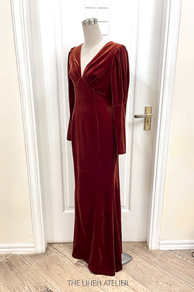 JULIA Rust Velvet Bridesmaid Dress Long Sleeve Velvet Gown | Etsy
