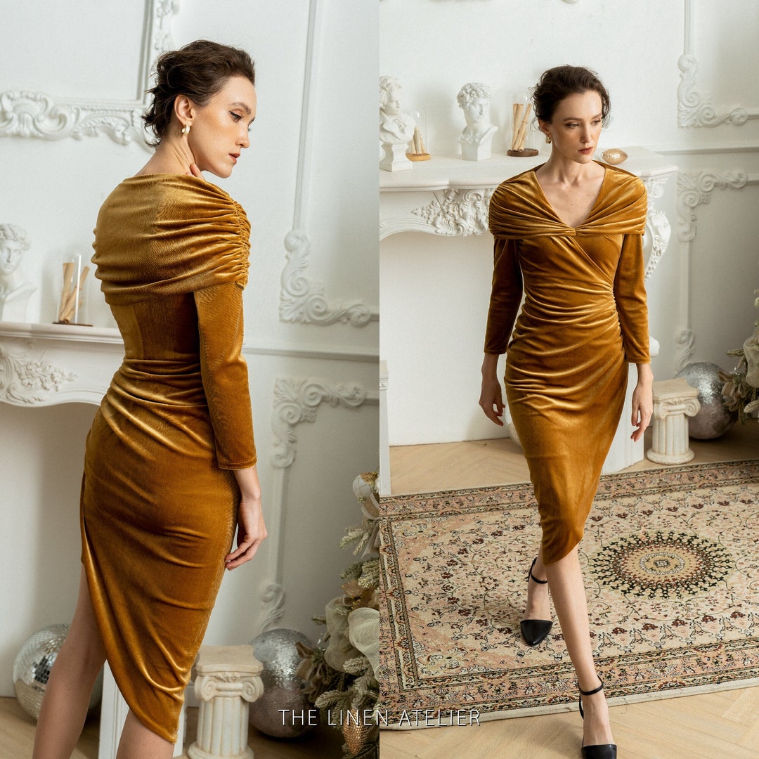DAKOTA Velvet Bridesmaid Midi Dress Prom Dress Mother of Bride Dress  Cocktail Dress for Wedding Guest Gold Velvet Dress for Woman