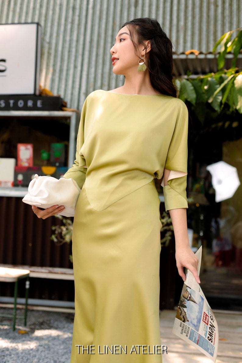 JOYCE Batwing And Cut-out Sleeves Pencil Dress Office Dress Silk Business Dress Satin Secretary Dress Elegant Dress Summer Dress image 4