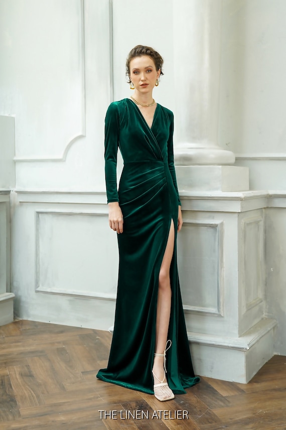 slim fit dress slacks Wishes | Bottle Green Velvet High-Neck Maxi Dress with Wrap Skirt main image 1