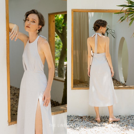 Buy CASSI Linen Backless Dress With Halter Neck Backless Halter Dress White  Linen Dress Evening Dress Linen Beach Dress Romantic Dress Online in India  