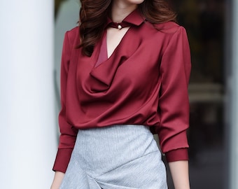 Crepe back Satin Blouse | Cowl Neckline, Long Sleeve