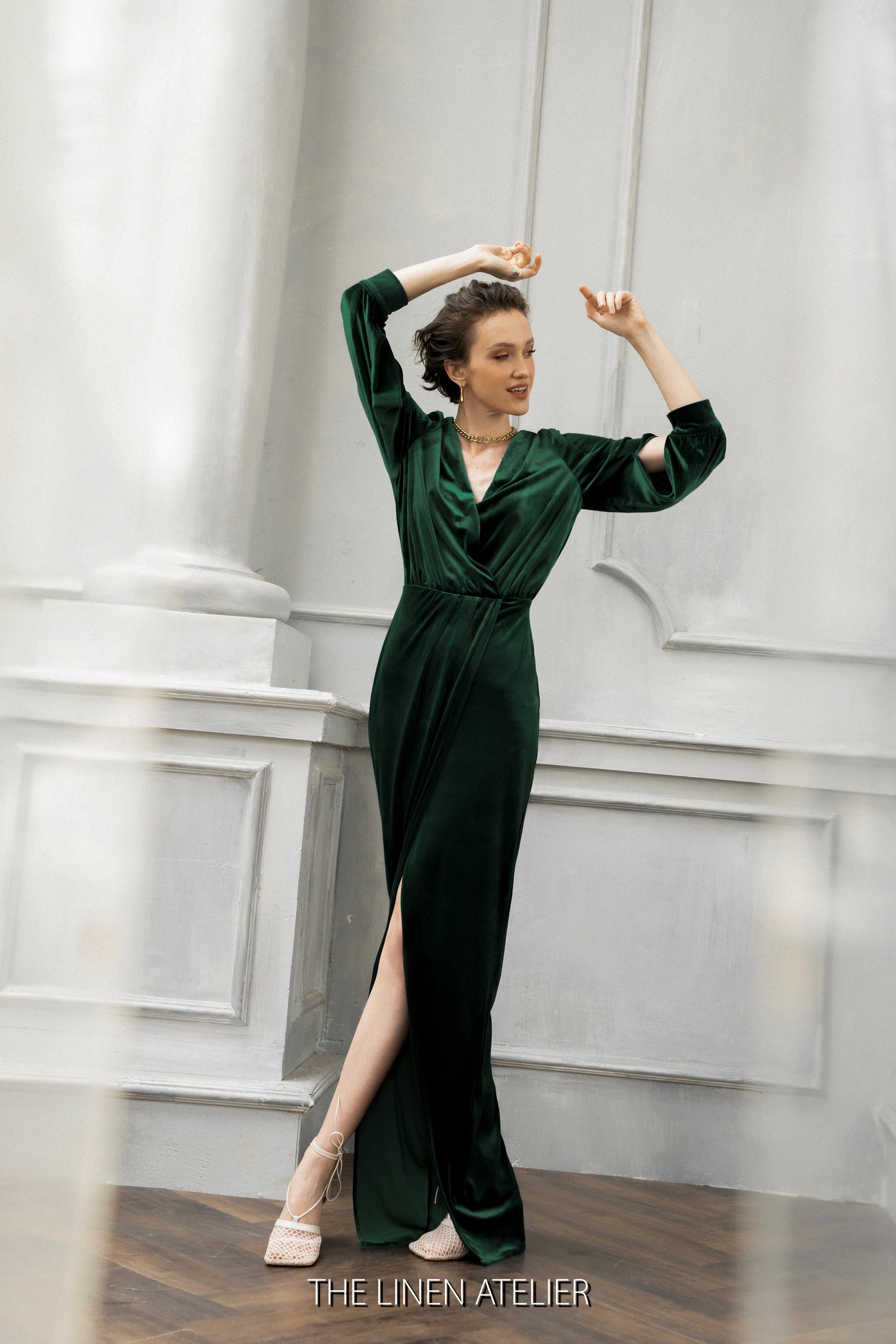 Emerald Green Velvet Wrap Dress | Formal V-Neck Gown | fall clothing gift