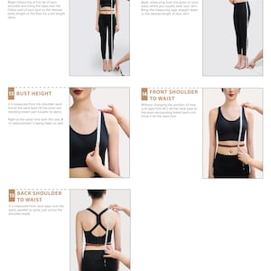 May include: Diagram showing how to take body measurements for clothing. The diagram shows a woman in a black sports bra and leggings, with a measuring tape being used to measure different parts of her body, including dress length, skirt length, bust height, front shoulder to waist, and back shoulder to waist. The text in the image includes the names of each measurement and instructions on how to take them.
