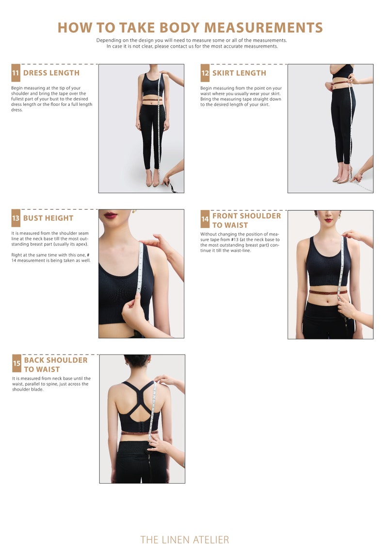 May include: Diagram showing how to take body measurements for clothing. The diagram shows a woman in a black sports bra and leggings, with a measuring tape being used to measure different parts of her body, including dress length, skirt length, bust height, front shoulder to waist, and back shoulder to waist. The text in the image includes the names of each measurement and instructions on how to take them.