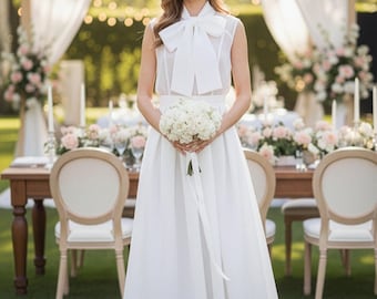 Puede incluir: Vestido blanco sin mangas con un gran detalle de lazo en el escote. El vestido se combina con tacones negros y un ramo de flores blancas. The Linen Atelier está impreso en la parte inferior de la imagen. El escenario parece ser un evento al aire libre.
