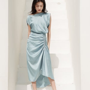 FREYA Draped Dress Wedding Guest | Bridesmaid Dress | Turquoise Dress For Women | Satin Prom Dress | Cocktail Dress Spring Midi