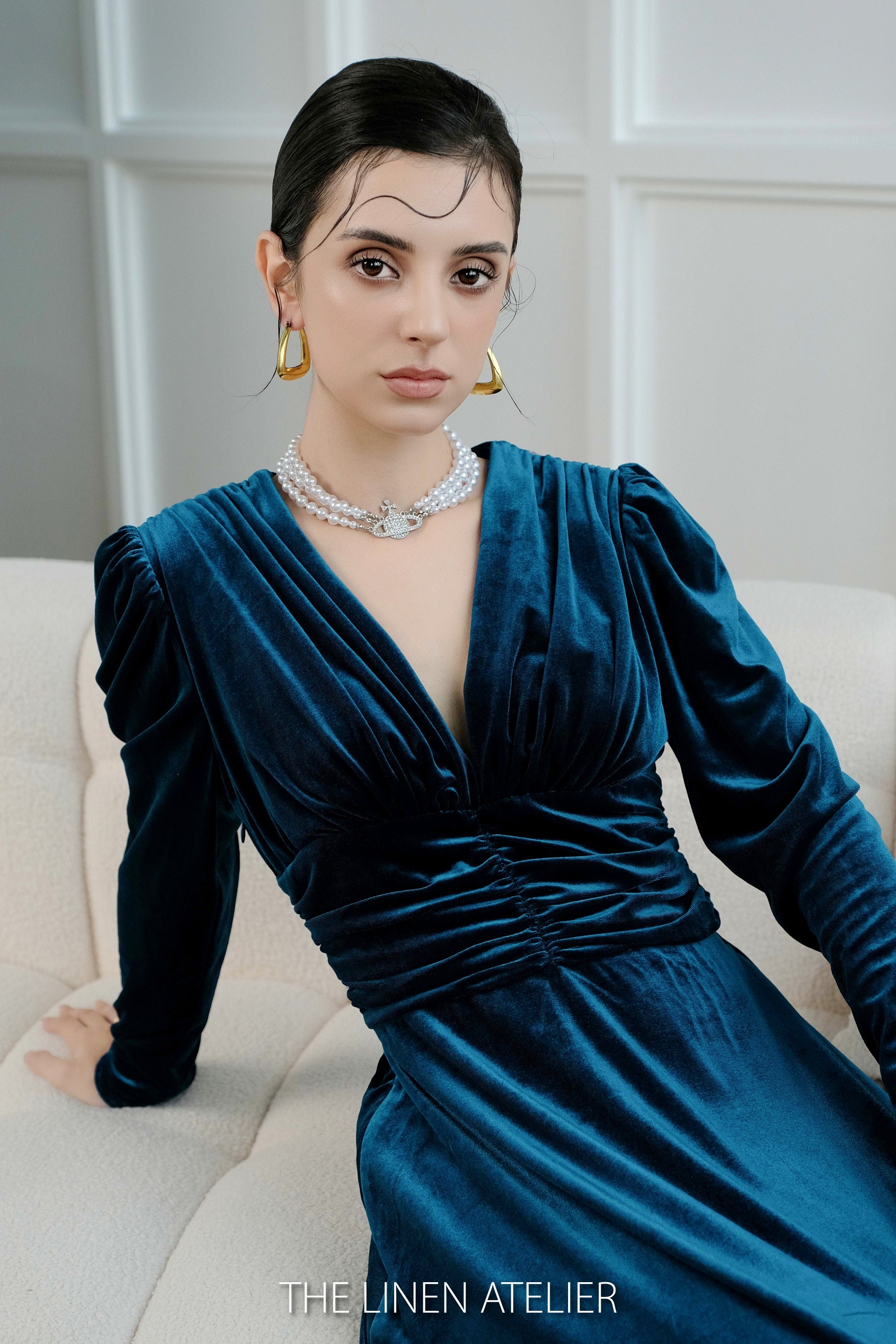 SHERRY V-neck Long Sleeves Velvet Dress Autumn Winter Velvet Bridesmaid  Dress Wedding Dress Fit and Flare Dress Evening Ball Gown - Etsy Israel