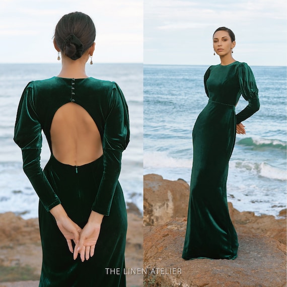 SIGNE Open Back Dark Green Velvet Dress ...