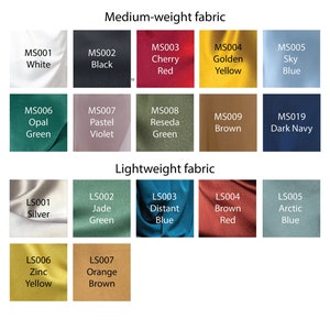 May include: Swatch cards showing different colors of crepe de chine silk fabric. The fabric is available in two weights: medium and lightweight. The colors include white, black, cherry red, golden yellow, sky blue, opal green, pastel violet, reseda green, brown, dark navy, silver, jade green, distant blue, brown red, arctic blue, zinc yellow, and orange brown.
