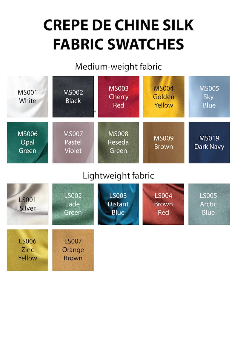 May include: Swatch cards showing different colors of crepe de chine silk fabric. The fabric is available in two weights: medium and lightweight. The colors include white, black, cherry red, golden yellow, sky blue, opal green, pastel violet, reseda green, brown, dark navy, silver, jade green, distant blue, brown red, arctic blue, zinc yellow, and orange brown.