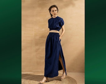 LUCY Linen Skirt Set | Maxi Skirt, Crop Top, Two Piece Outfit