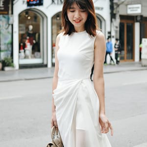 ELIANA Elegant Drape Party Dress | White Silk Wedding Dress | Minimalist Tea Length Dress | Simple Wedding Reception Tulle Dress