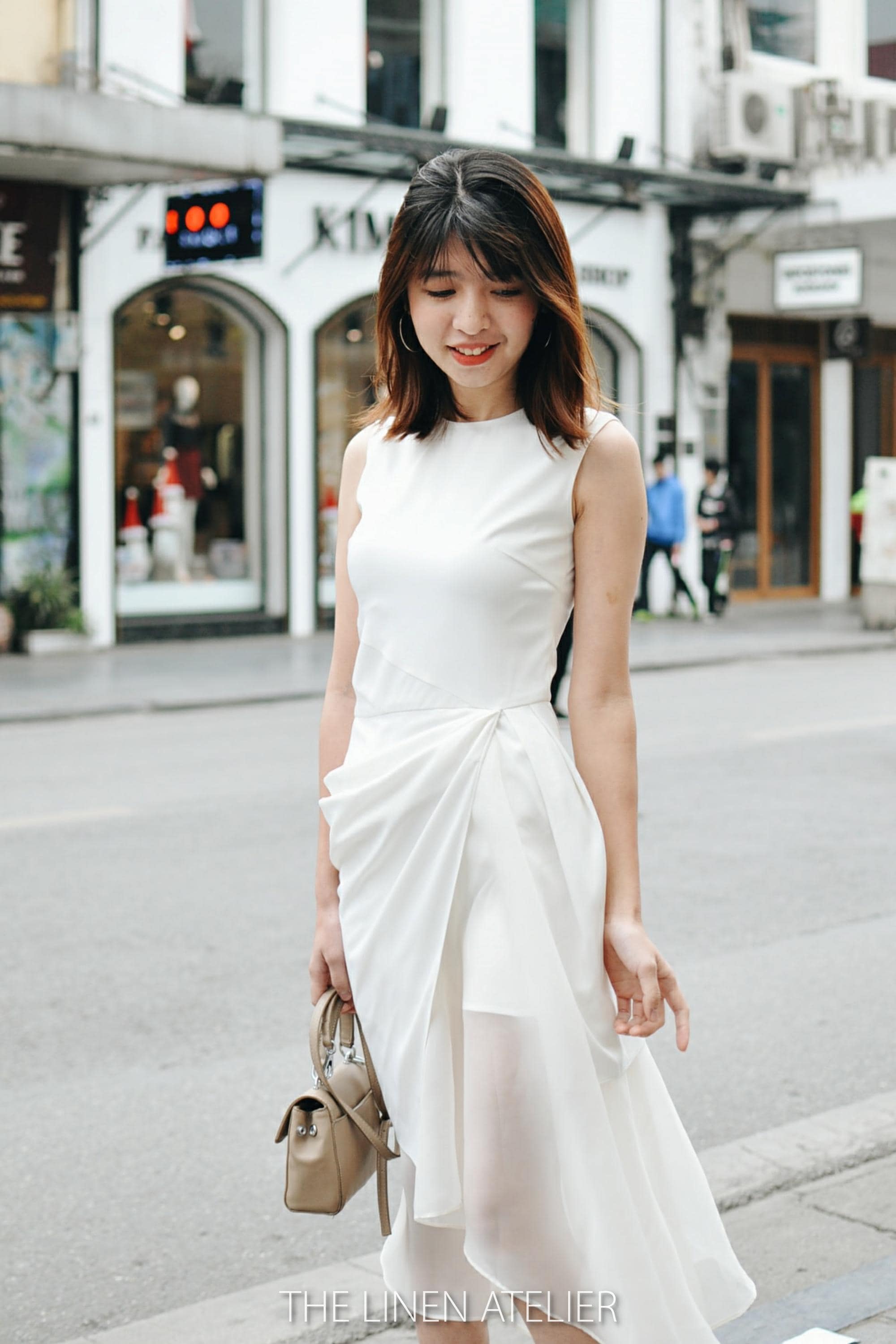 ELIANA Elegant Drape Party Dress | White Silk Wedding Dress | Minimalist Tea Length Dress | Simple Wedding Reception Tulle Dress