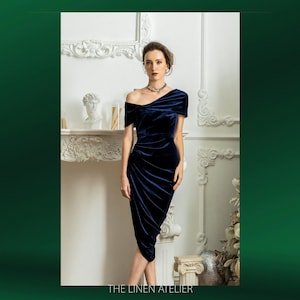 VICTORIA One Shoulder Velvet Formal Dress | Wedding Guest Dress | Bridesmaid Dress Pencil | Dark Blue Midi Dress | Romantic Elegant Dress