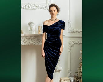 One Shoulder Velvet Midi Dress | Dark Blue Elegant Formal Gown