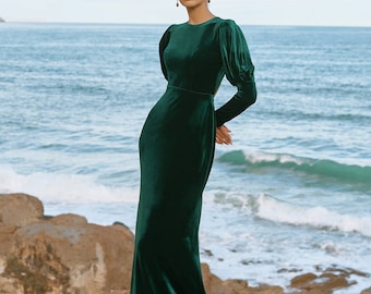 SIGNE Stretch Velvet Maxi Dress | Emerald Green Long Sleeve Evening Gown | Wedding Guest Velvet