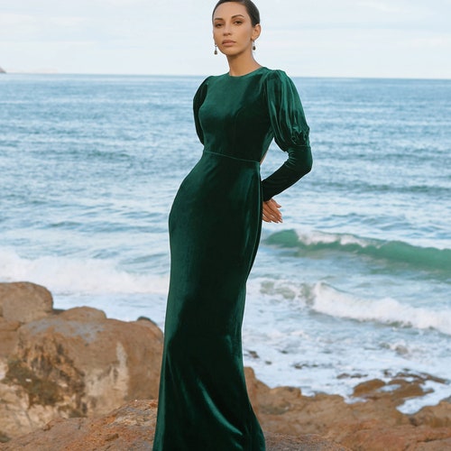 SIGNE Stretch Velvet Maxi Dress | Emerald Green Long Sleeve Evening Gown | Wedding Guest Velvet