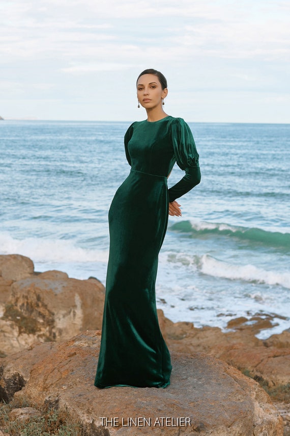 green emerald velvet dress Dark Green Chiffon Maxi Dress – V Neck Swing Party Elegance 5114 Emerald Green / S main image 1