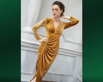 Velvet Long Sleeve Dress | Mustard Yellow V-Neck Gown Velvet Long Sleeve Dress | Mustard Yellow V-Neck Gown