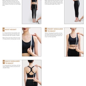 以下が含まれることがあります： 服の採寸方法を示す図。ドレスの長さ、スカートの長さ、バストの高さ、肩からウエストまでの長さ、背中の肩からウエストまでの長さなどの説明があります。The Linen Atelier.