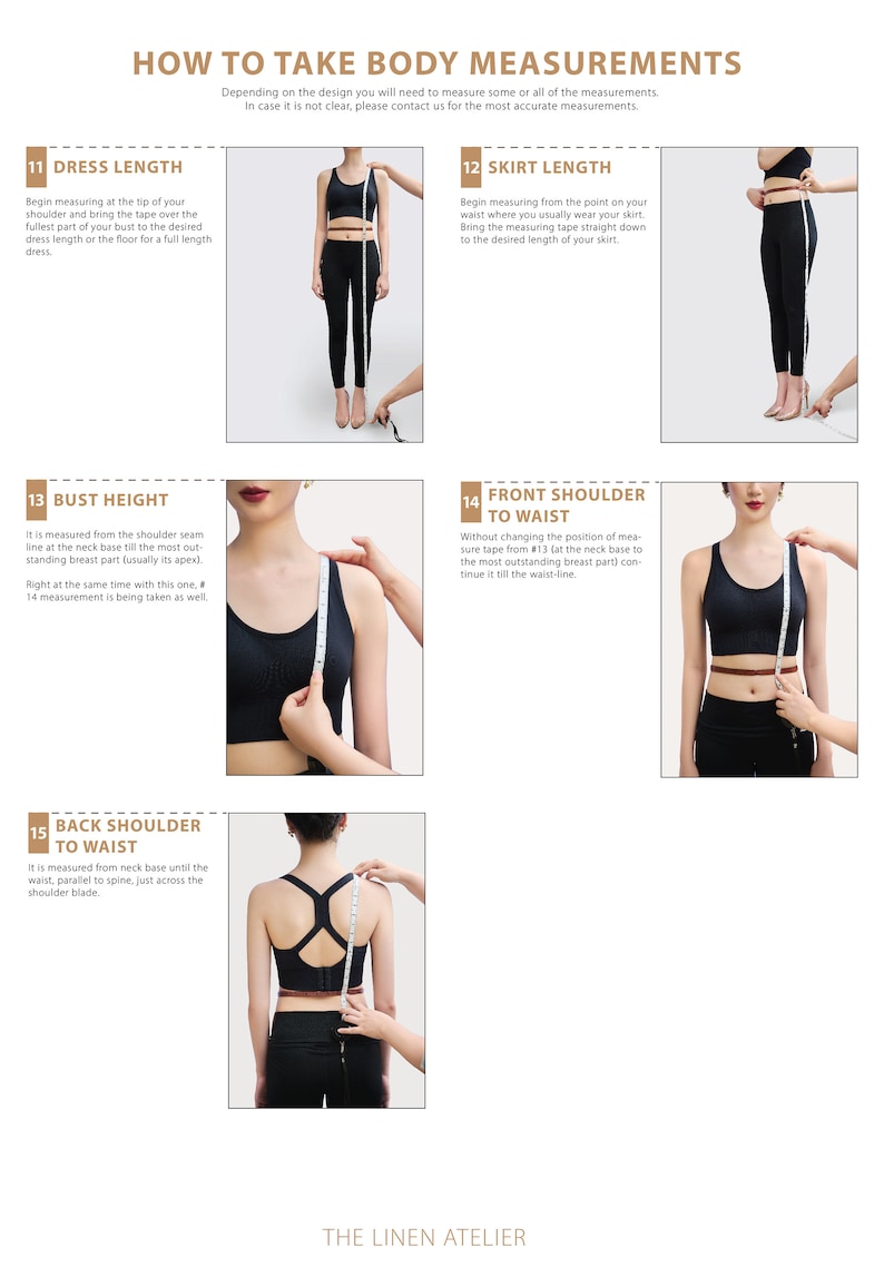 以下が含まれることがあります： 服の採寸方法を示す図。ドレスの長さ、スカートの長さ、バストの高さ、肩からウエストまでの長さ、背中の肩からウエストまでの長さなどの説明があります。The Linen Atelier.