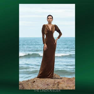 JULIA Velvet Dress Long Sleeve | Velvet Bridesmaid Dress | Velvet Cocktail Dress | V-neck Velvet Dress Empire | Wedding Guest Dress Floor