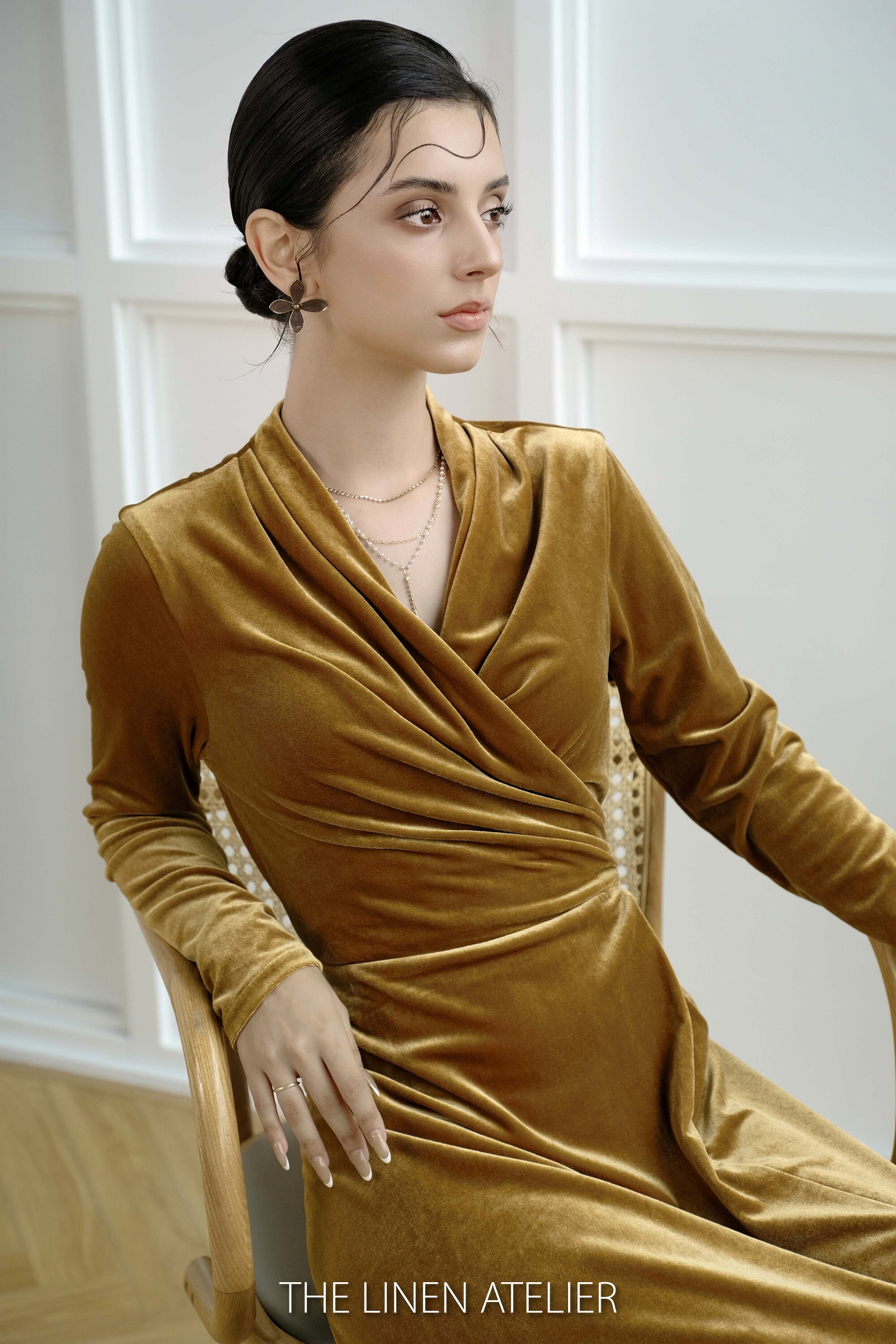 mustard velvet dress long sleeve GRACYN GOLD CUTOUT LONG SLEEVE DRAPING VELVET DRESS