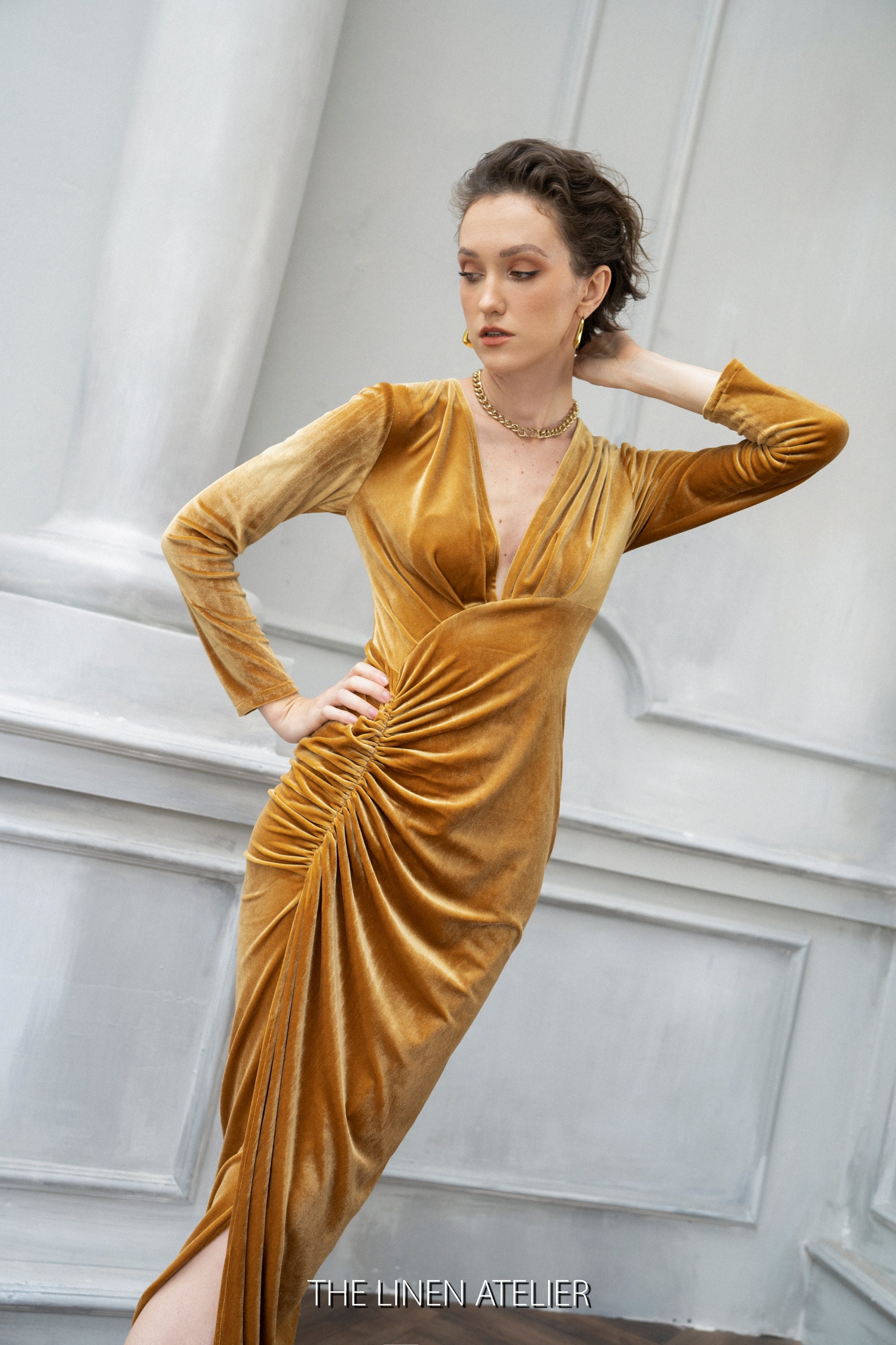 mustard velvet dress long sleeve S12-11-2-PPD10718-MU