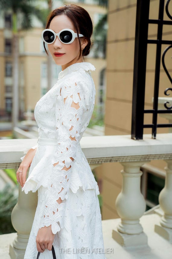 Elegant White Lace Peplum Midi Dress, Formal Floral Embroidered | christmas gift for her Elegant White Lace Peplum Midi Dress, Formal Floral Embroidered | christmas gift for her