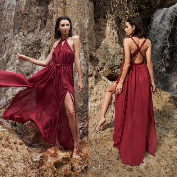 Red Greek Goddess Dress Boho Bridesmaid Dress Belted Grecian Dress