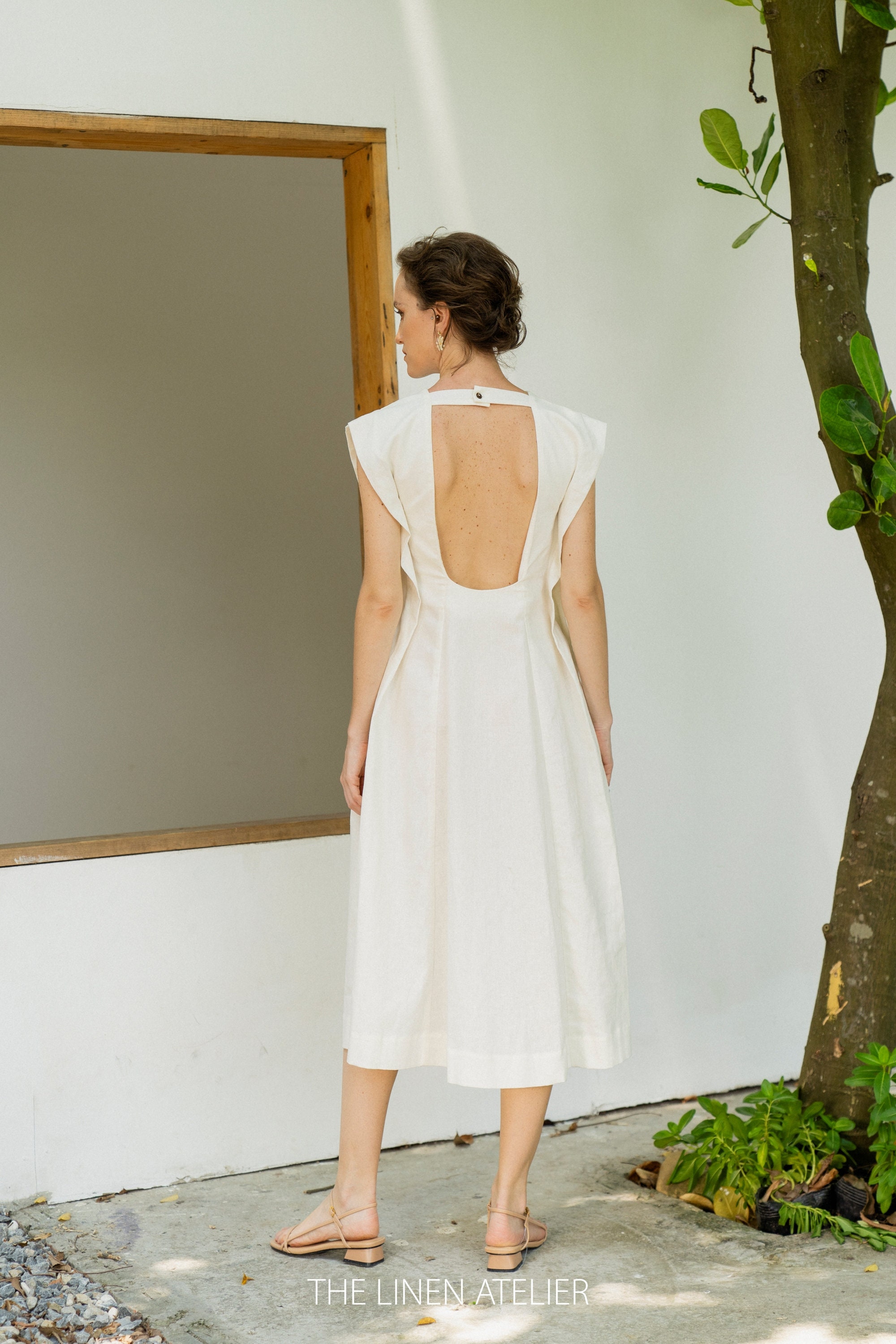 white linen open back dress Linen Midi Summer Open Back Dress Anne Old Linen Mill