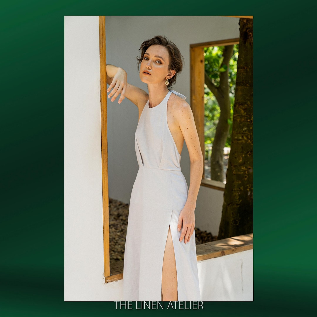Linen Halter Dress | Backless White Dress with Slit