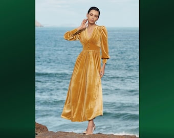 Elegant Velvet Maxi Dress | Fit and Flare Bishop Sleeve Gown