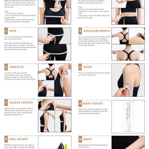 May include: Diagram showing how to take body measurements for clothing.  The diagram includes illustrations of a person taking measurements for bust, waist, hips, shoulder width, armscye, bicep, sleeve length, body height, heel height, and wrist.