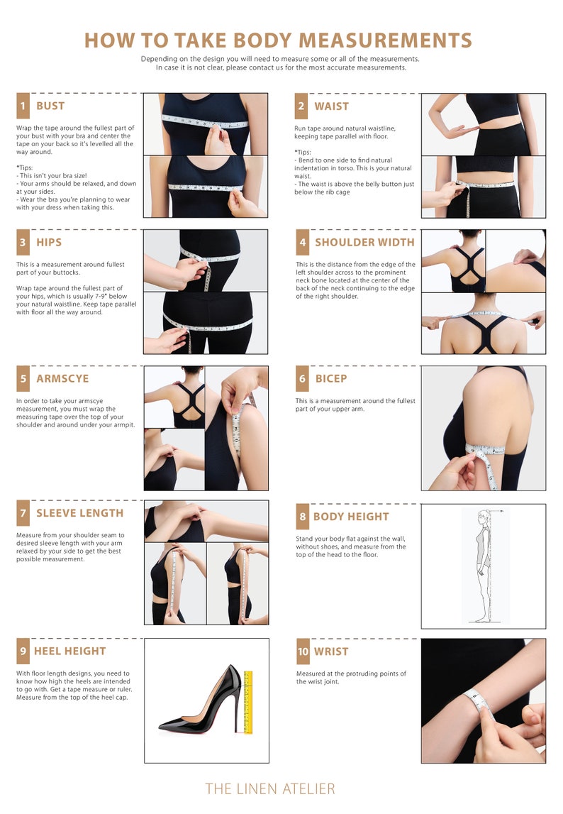 May include: Diagram showing how to take body measurements for clothing.  The diagram includes illustrations of a person taking measurements for bust, waist, hips, shoulder width, armscye, bicep, sleeve length, body height, heel height, and wrist.