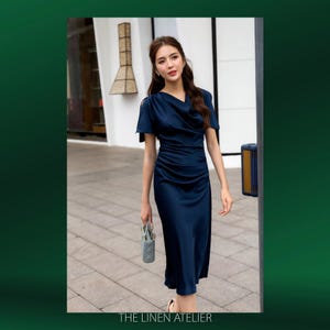 GISELLE Draped Split Sleeve Dress Evening Cocktail Dress Women Wedding Guest Dress Cowl Neck Bridesmaid Formal Dress Ruffle Satin Dress