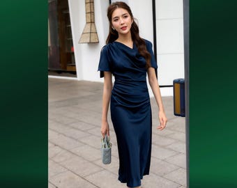 GISELLE Draped Split Sleeve Dress Evening Cocktail Dress Women Wedding Guest Dress Cowl Neck Bridesmaid Formal Dress Ruffle Satin Dress