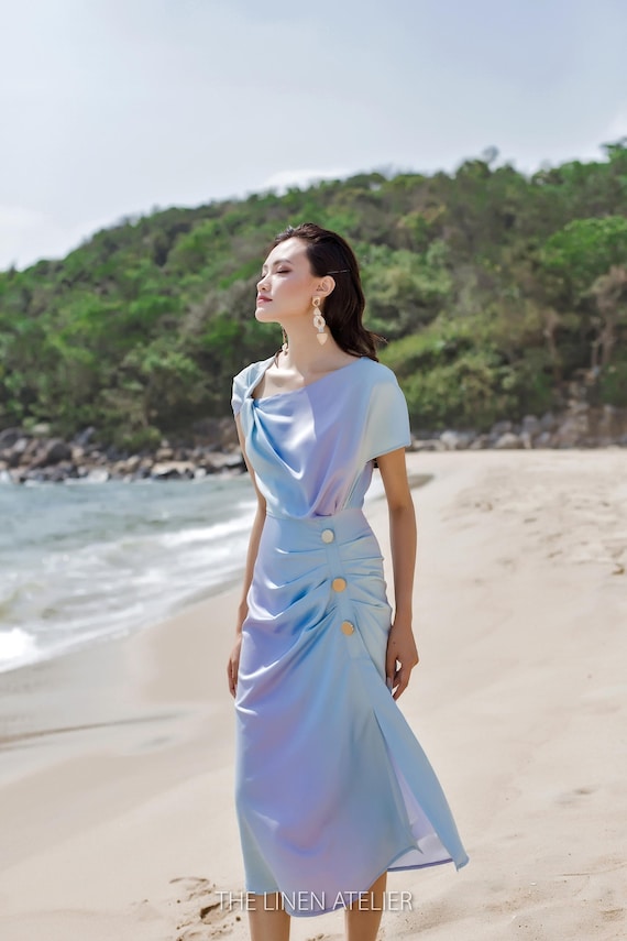 Blue Ombre Satin Midi Dress, Draped Neck Ruched Wedding Guest Dress With  Buttons - Etsy Israel