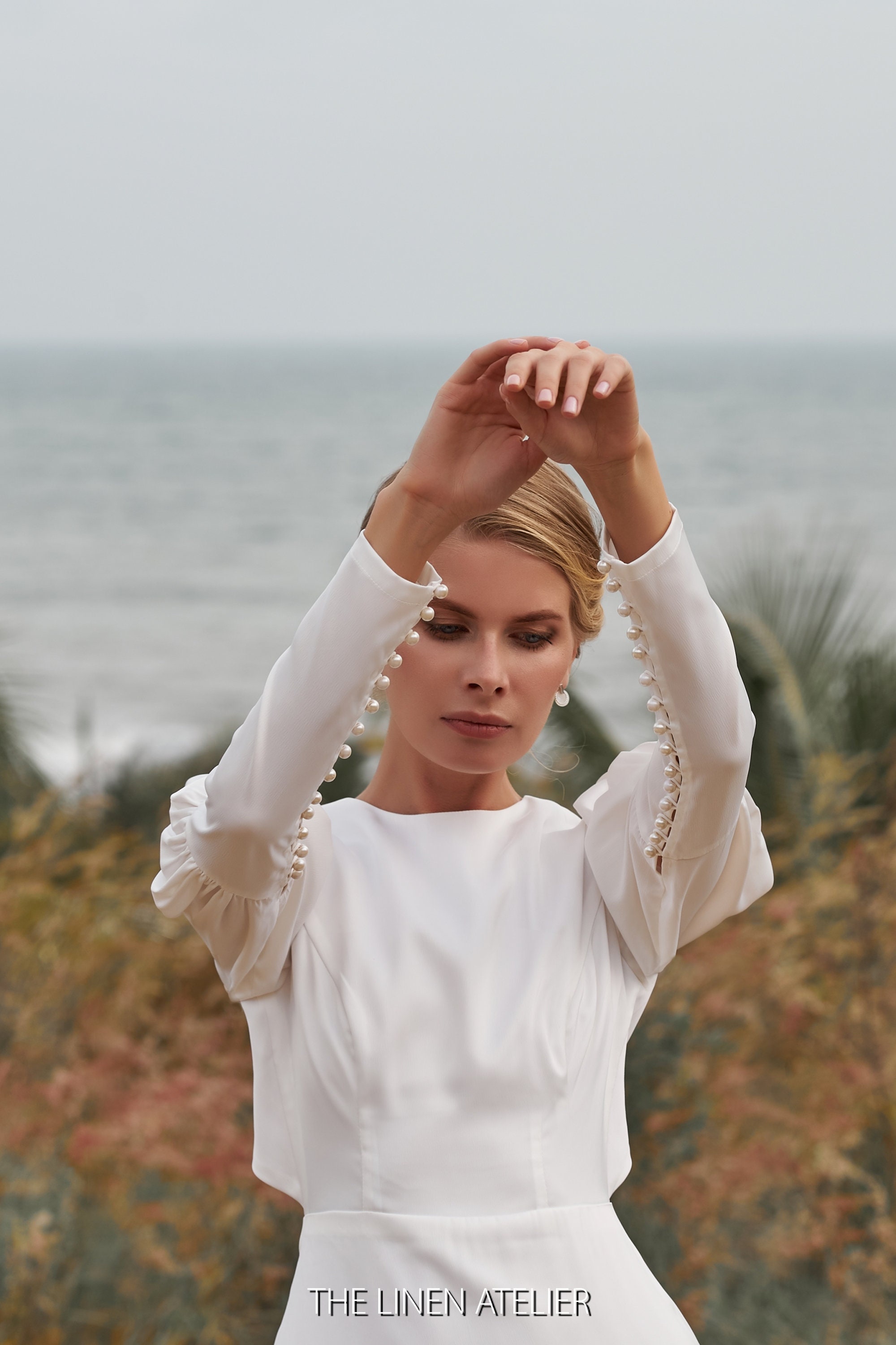 silk crepe de chine wedding dress White Crepe De Chine Silk Wedding Dress | Gigot Sleeves, Open Back