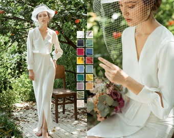 CARA Silk Wedding Dress With Sleeves | Silk Bridesmaid Dress | Wedding Guest Dress | White Silk Dress | Romantic Dress | Bridal Midi Dress