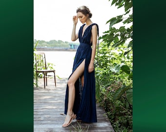 Hera Goddess Cotton Dress • Deep V-Neck Grecian Maxi Gown