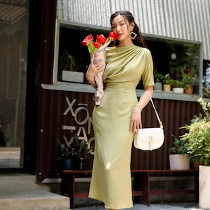 RUBY One Shoulder Dress Silk | Formal Event Dress | Women's Designer Green Satin Dresses | Homecoming Dresses