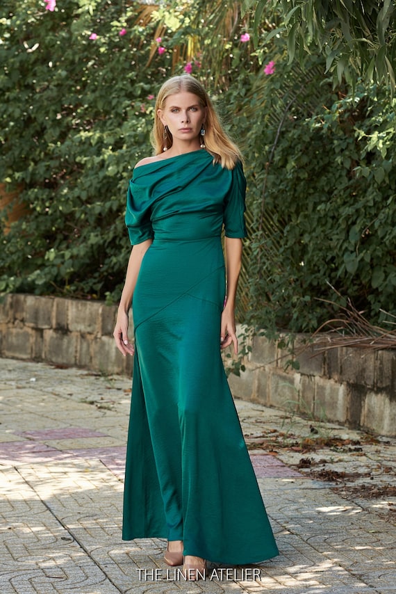 Opal Green Silk Dress - A-Line, Asymmetric Neckline Opal Green Silk Dress - A-Line, Asymmetric Neckline